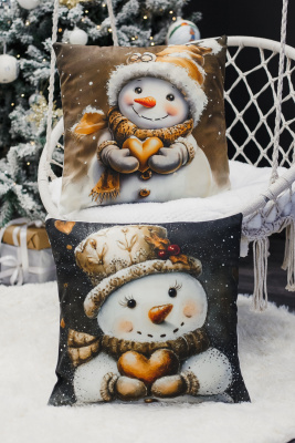 Наволочка декоративная новогодняя 2 шт 3D эффект велюр СнеговикиИсердце